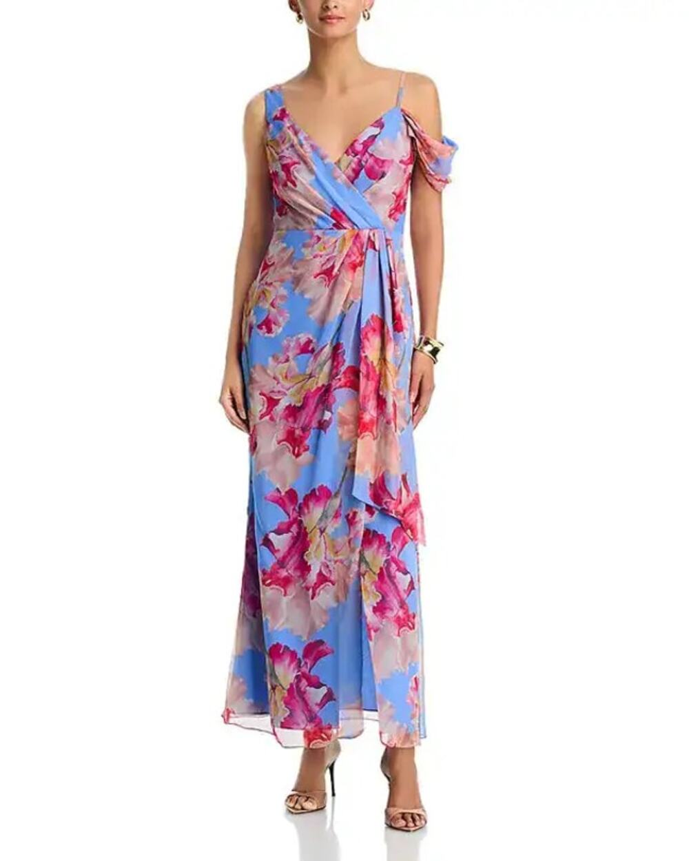 Aqua Floral Satin Burnout Sleeveless V-Neck Maxi Dress Blue Multi Large